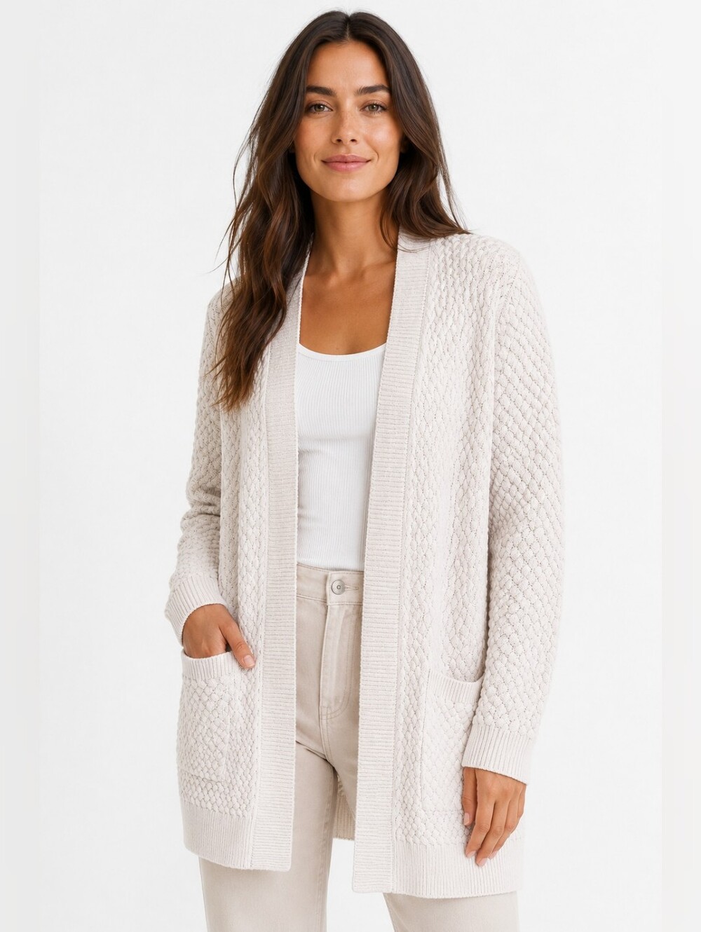 L.L.Bean Vintage Y2K Cotton knit Basket Weave Cardigan cream Medium luxury